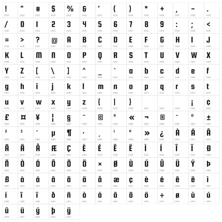 Squada One Character Map