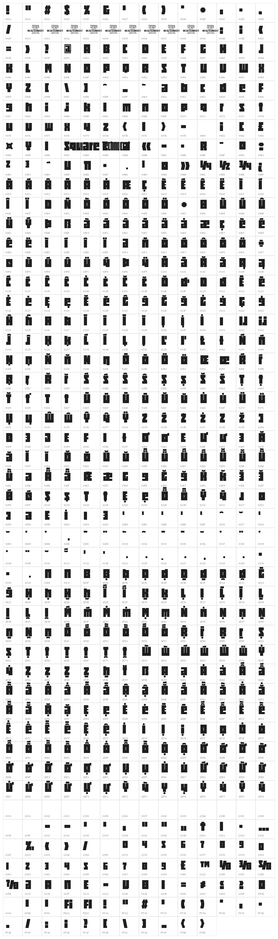 Square Technocrat PERSONAL Bold Character Map