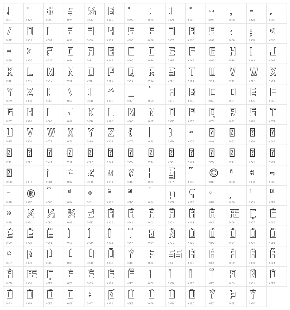 SquareFont Outline Character Map