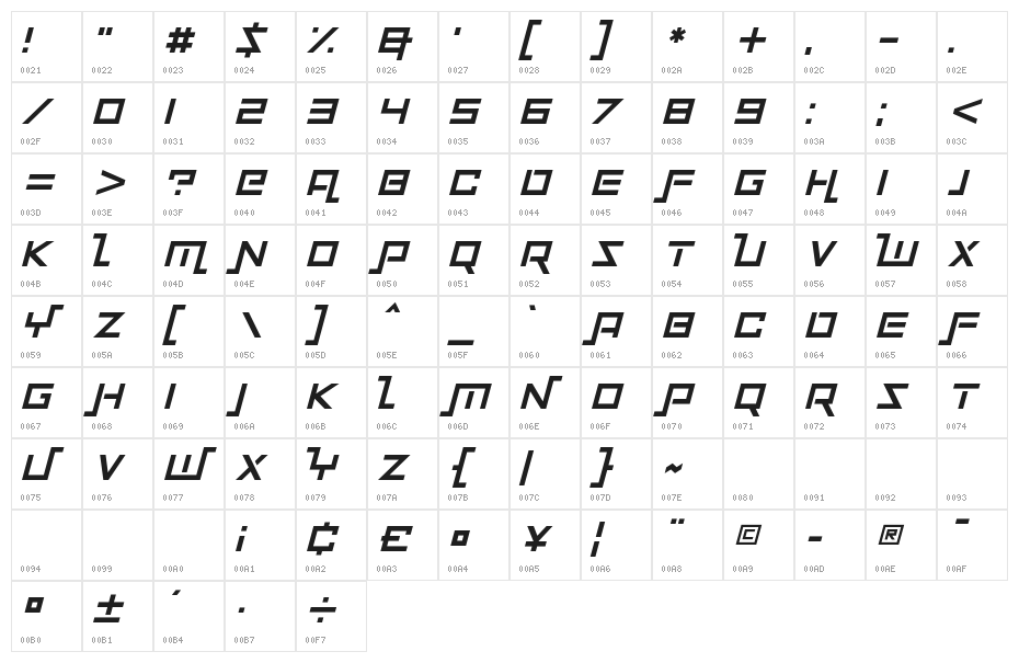 Squaremaze Italic Character Map