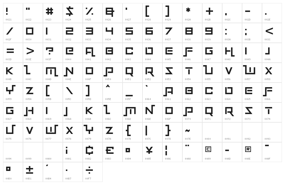Squaremaze Character Map