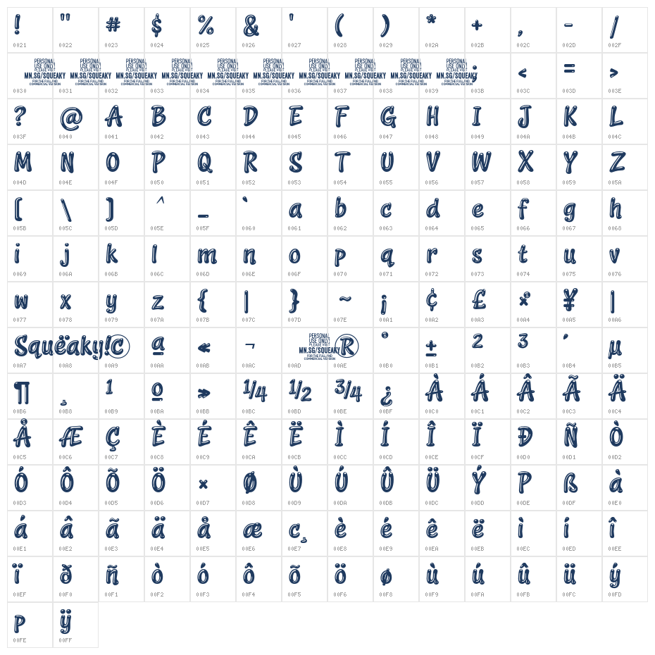 Squeaky PERSONAL USE Regular Character Map
