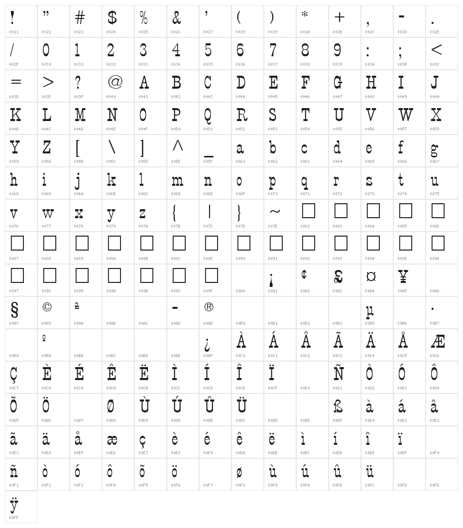 StageCoach Regular Character Map