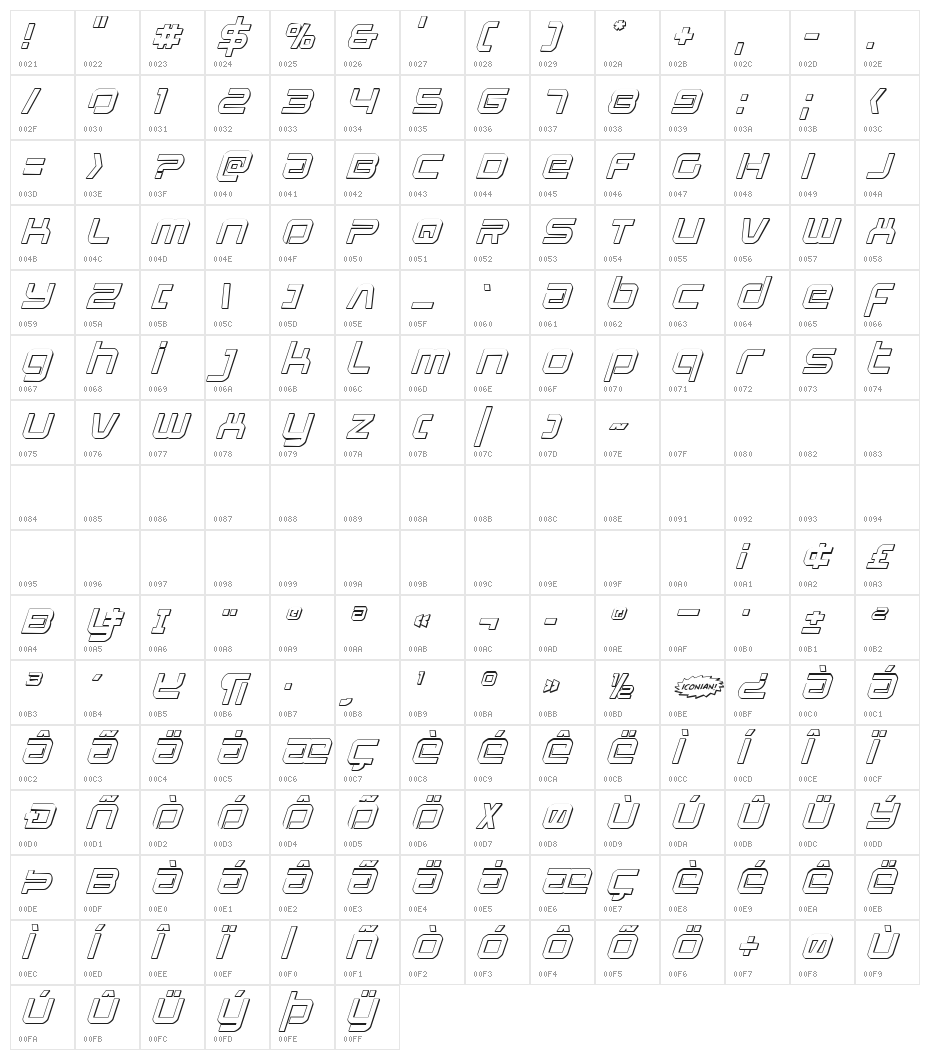 Star Eagle 3D Italic Character Map