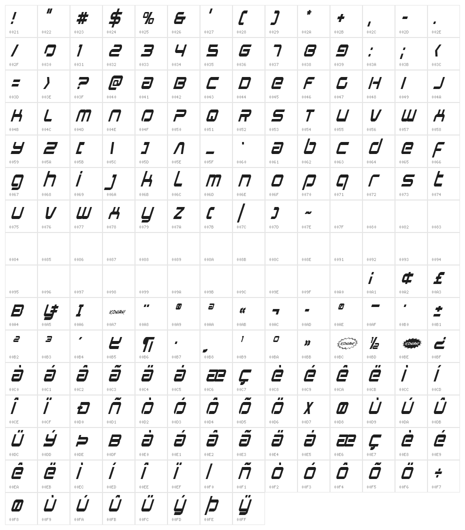 Star Eagle Condensed Italic Character Map
