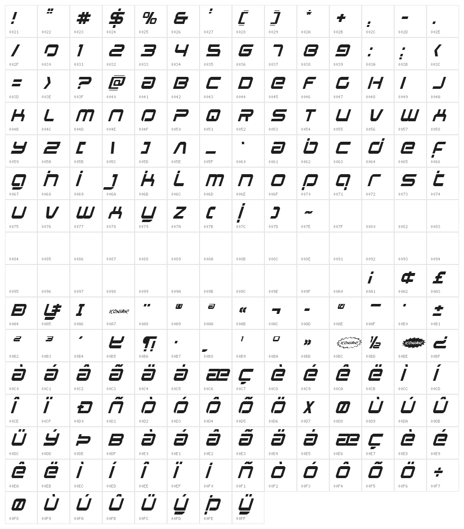 Star Eagle Laser Italic Character Map