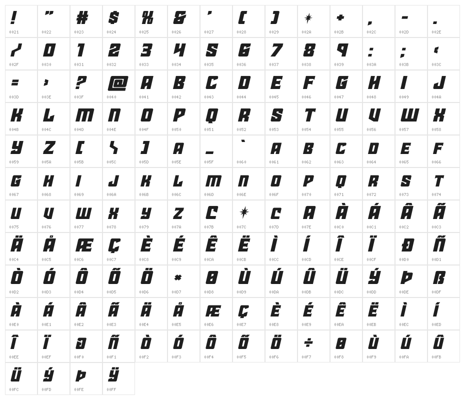 Star Guard Expanded Italic Character Map