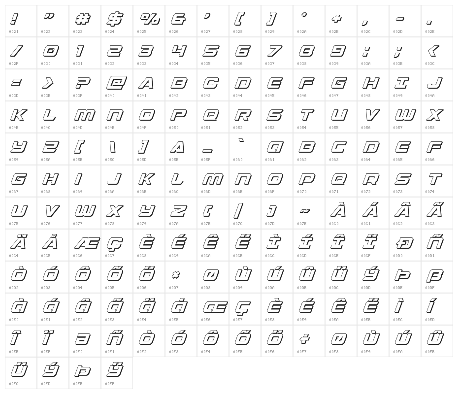 Starduster 3D Italic Character Map