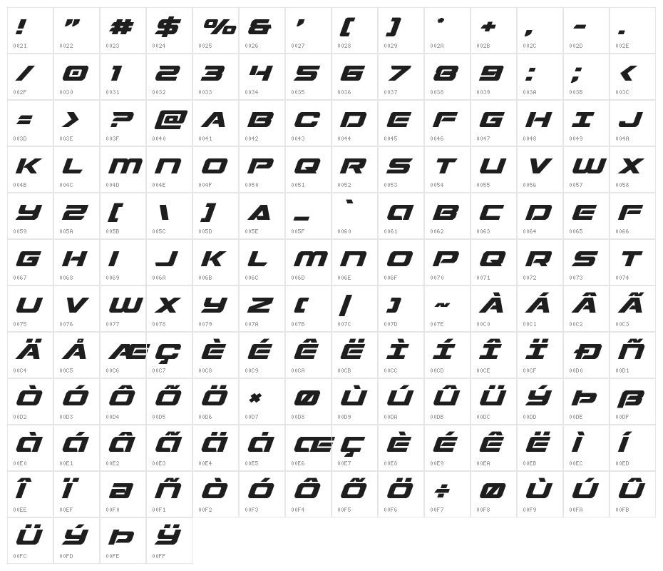 Starduster Expanded Italic Character Map