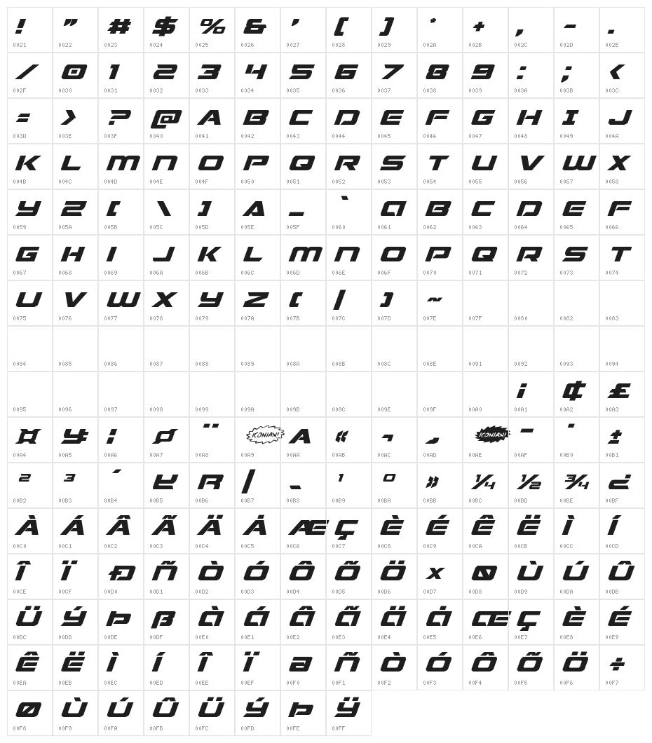 Starduster Expanded Italic Character Map