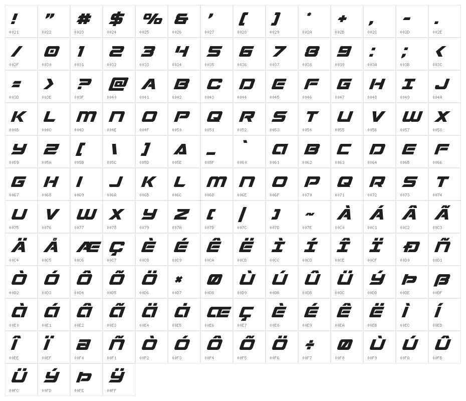 Starduster Italic Character Map