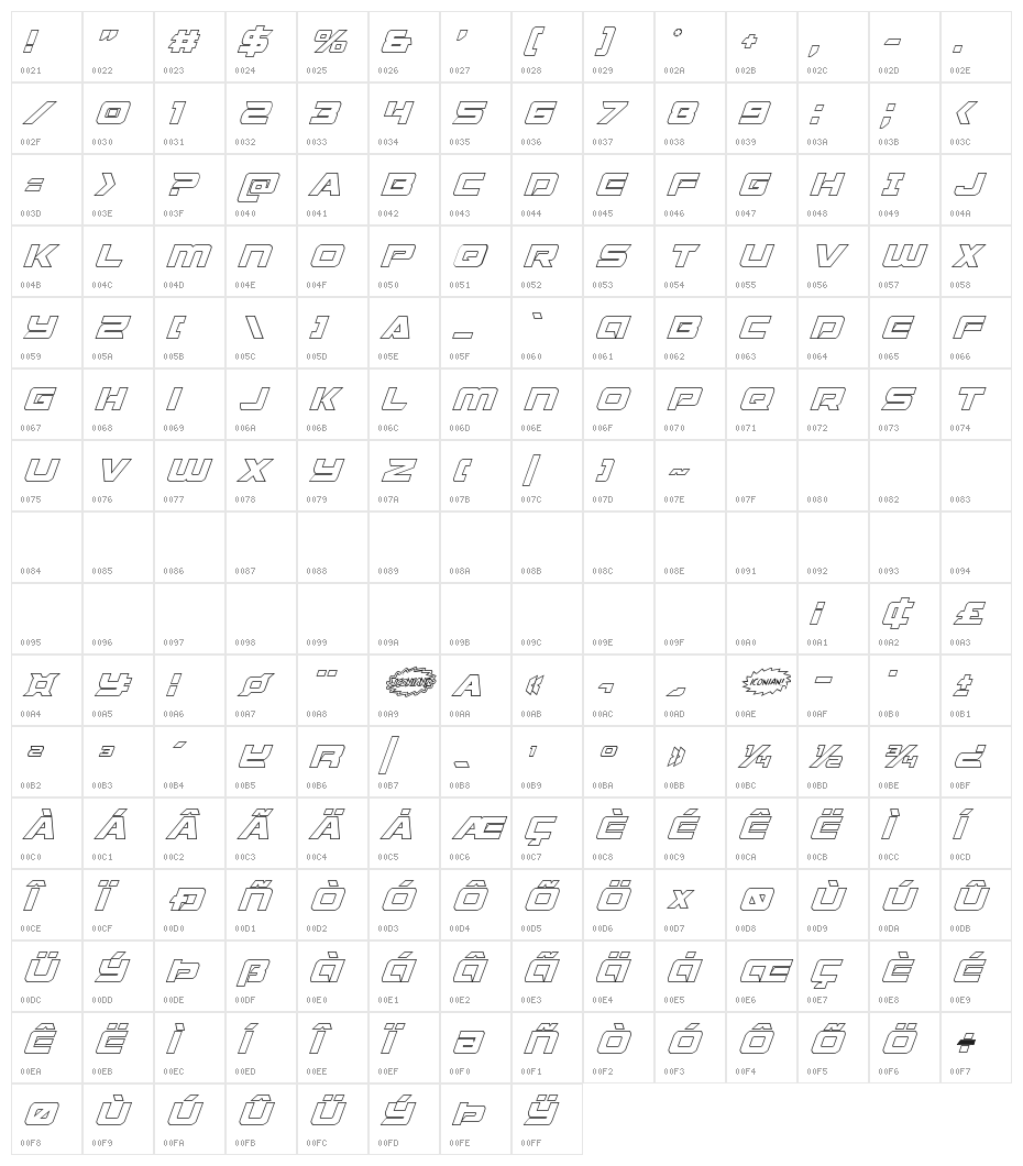 Starduster Shadow Italic Character Map