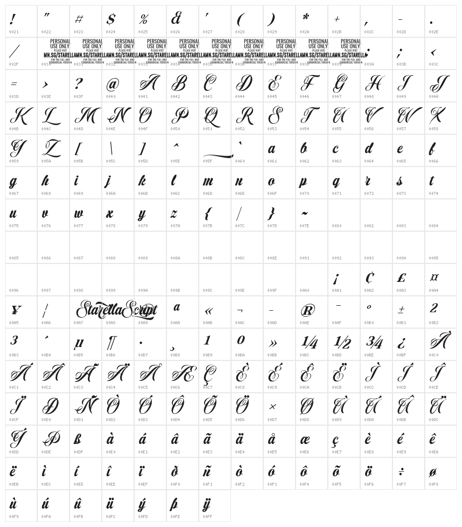 Starella Script PERSONAL USE Character Map
