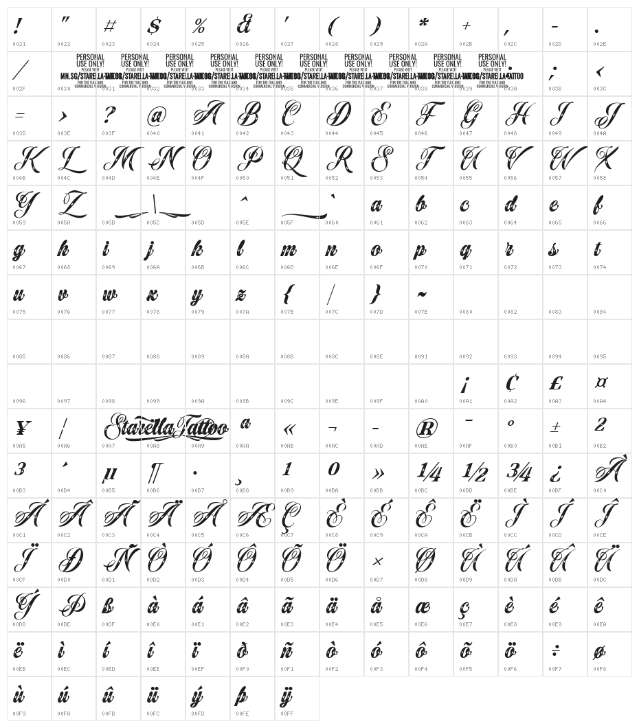 Starella Tattoo Deco PERSONAL Character Map