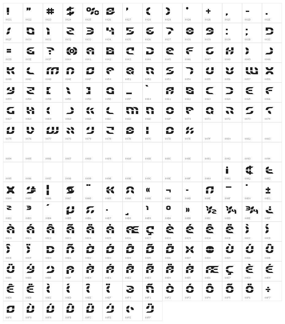Starfighter Bold Character Map
