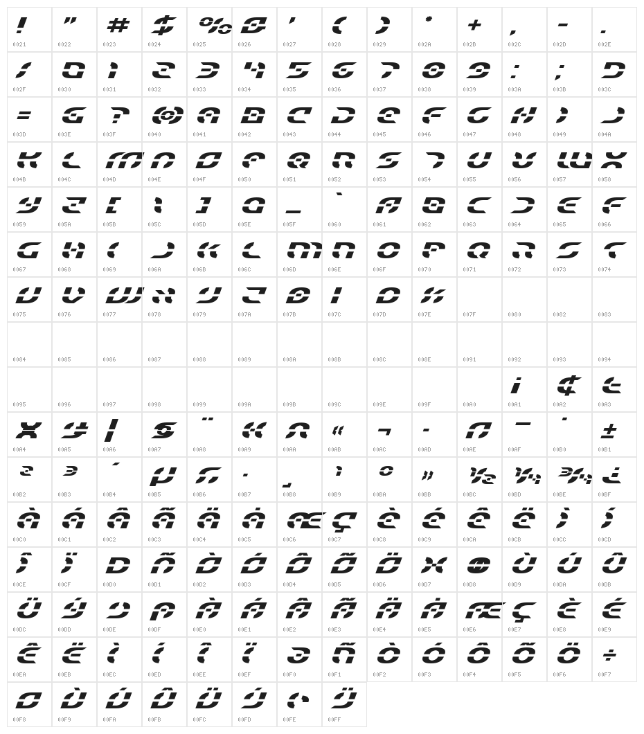 Starfighter Expanded Italic Character Map