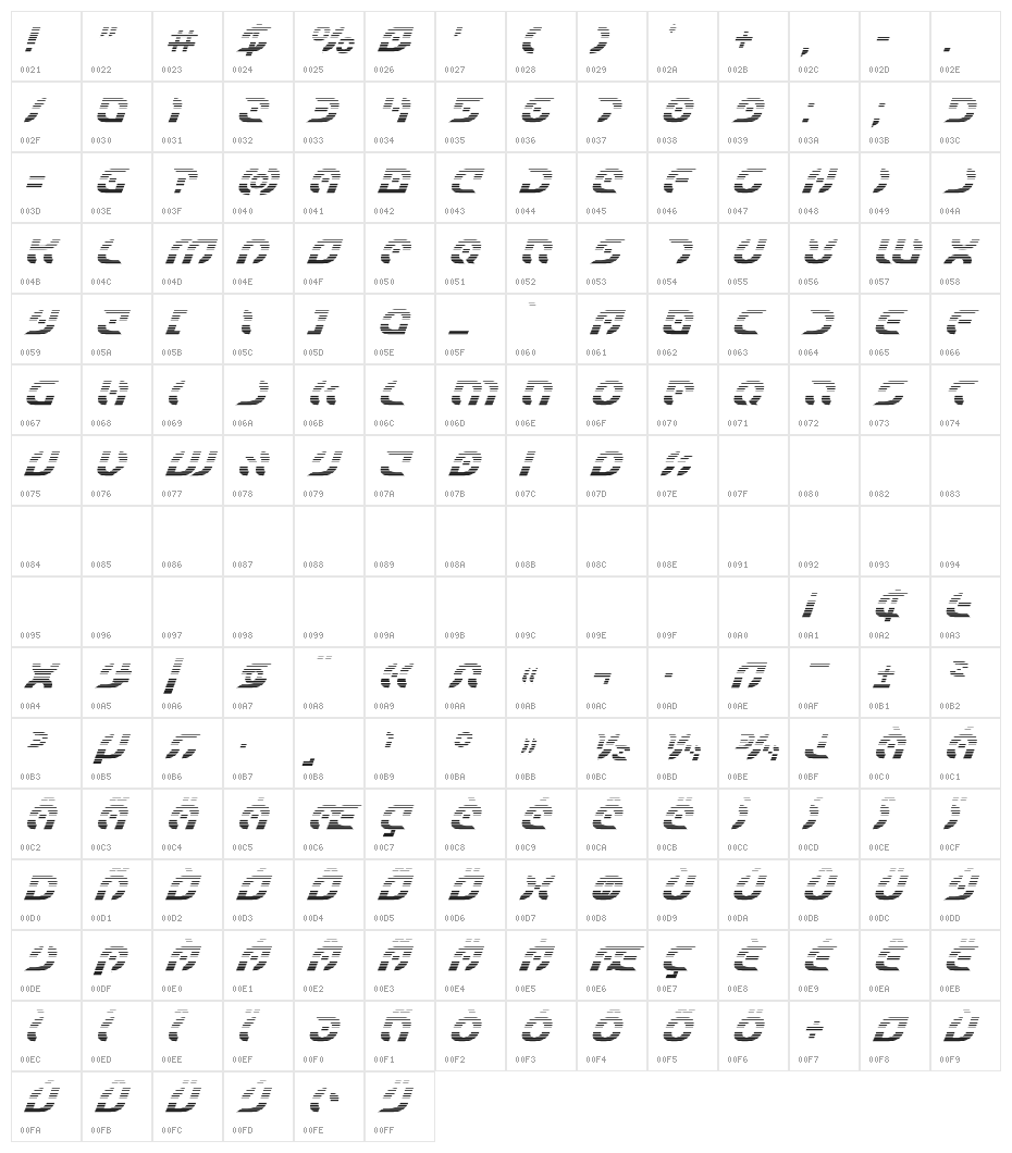 Starfighter Gradient Italic Character Map