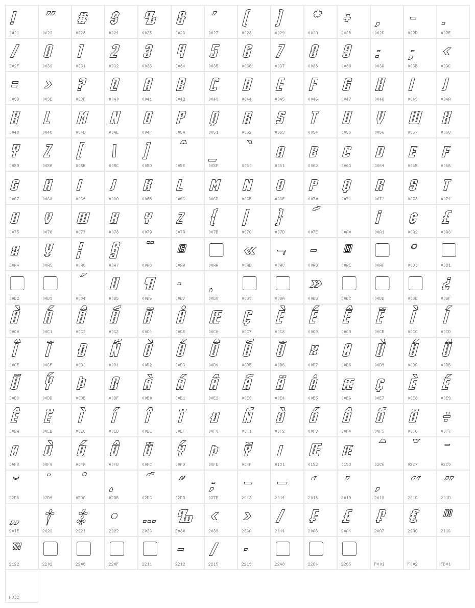 Stark Hollow Italic Character Map