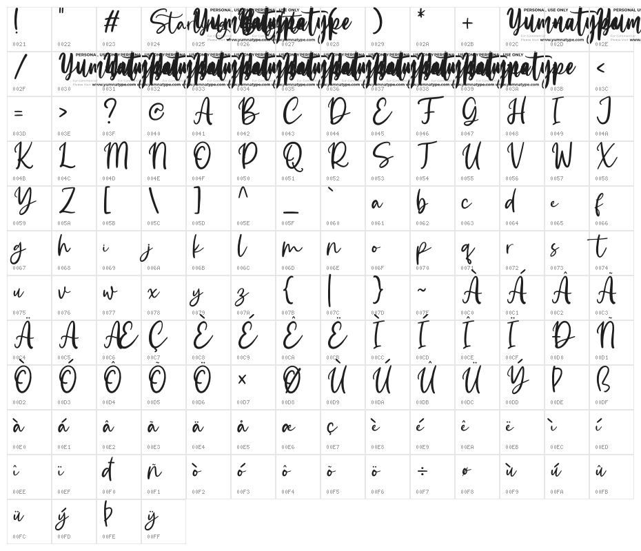 Starling Bright Personal Use Character Map