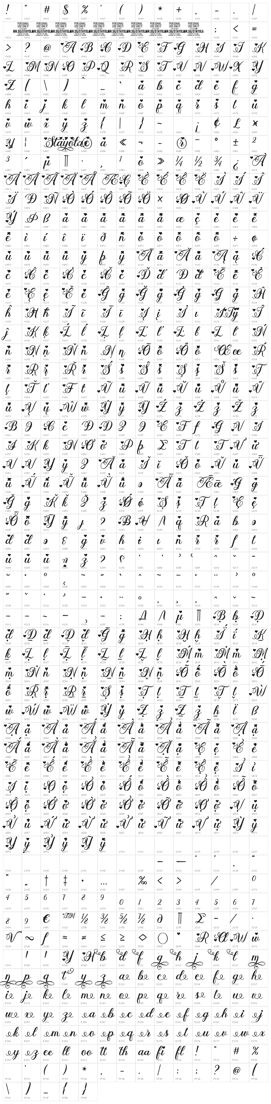 Stayola Heart Bold PERSONAL USE Regular Character Map
