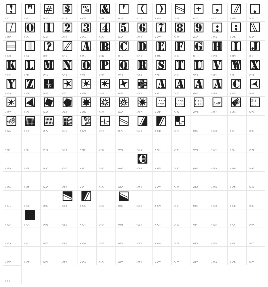 StencilBricksNineSeven Character Map
