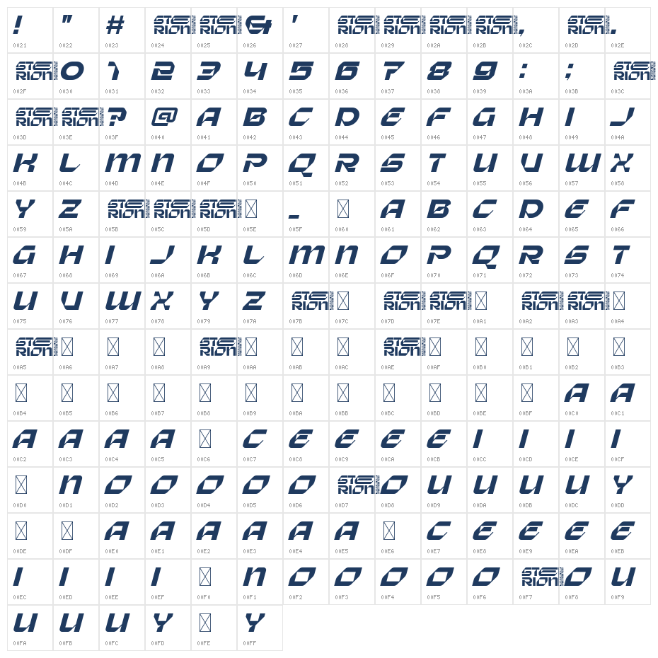 Sterion Italic Character Map