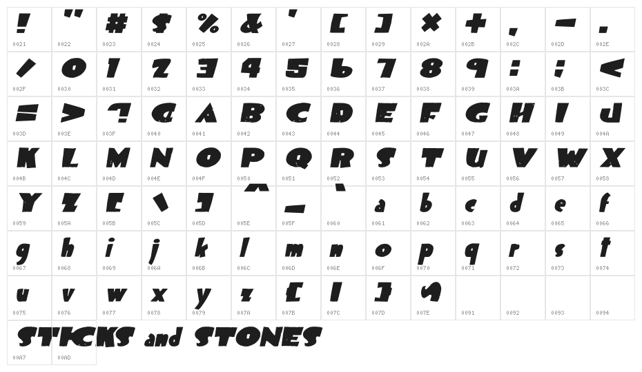 Sticks and Stones Italic Character Map