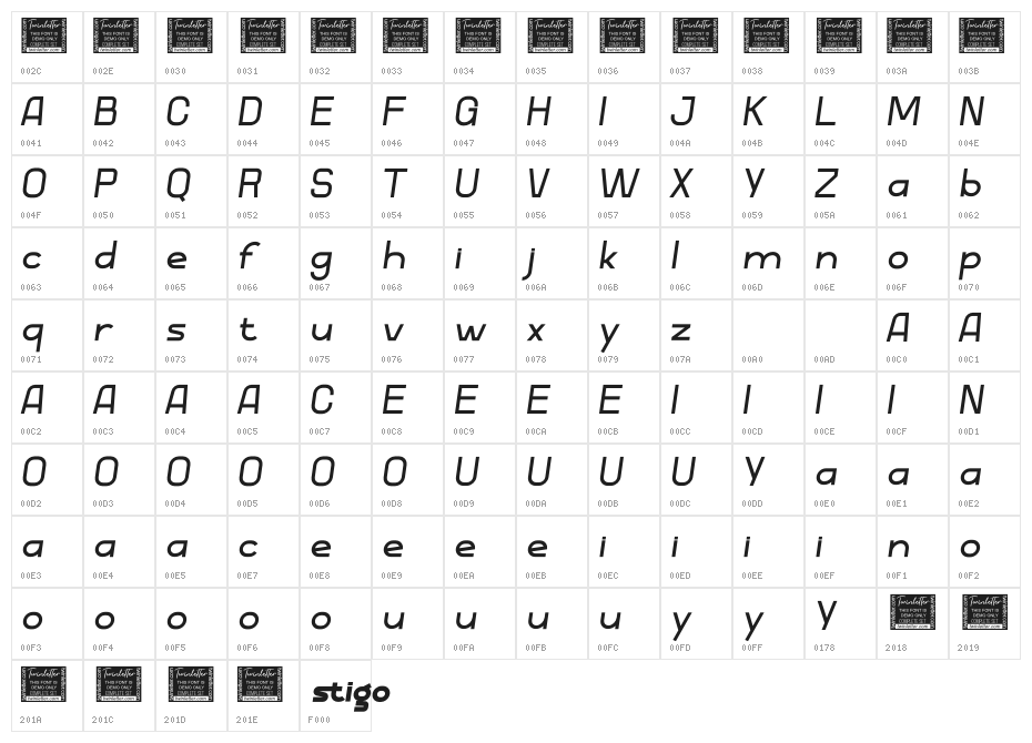 Stigo Thin Italic PERSONAL Character Map