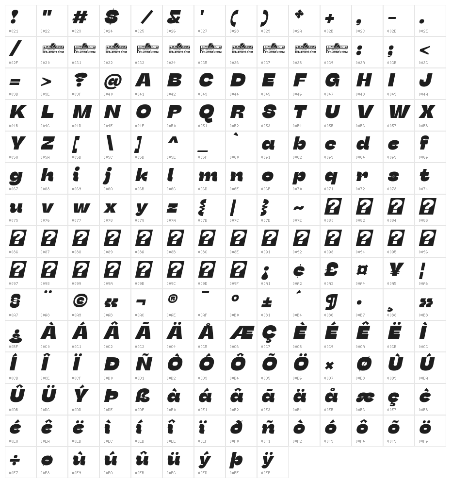Stinger Fit Trial Heavy Italic Character Map