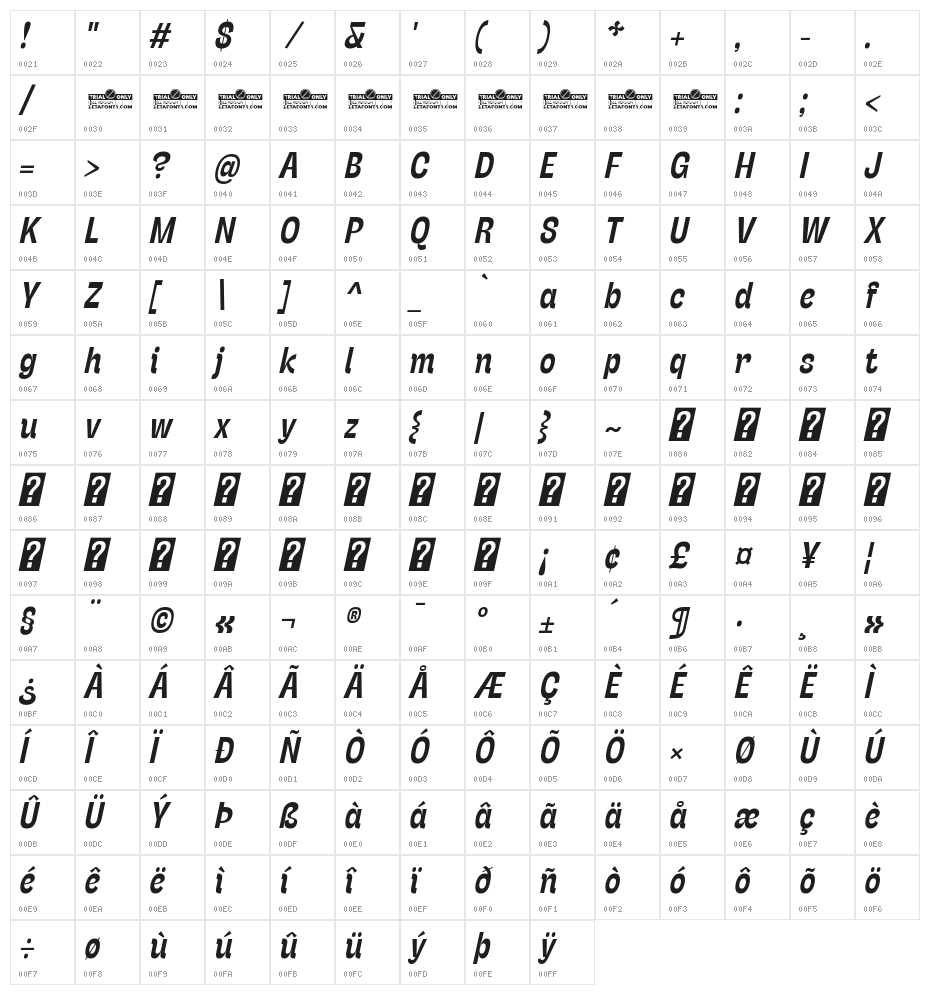 Stinger Slim Trial Bold Italic Character Map