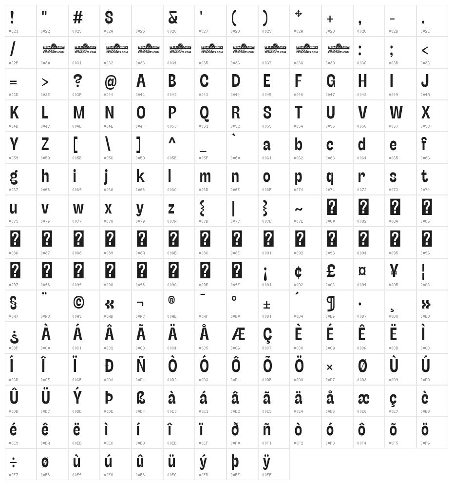 Stinger Slim Trial Bold Character Map