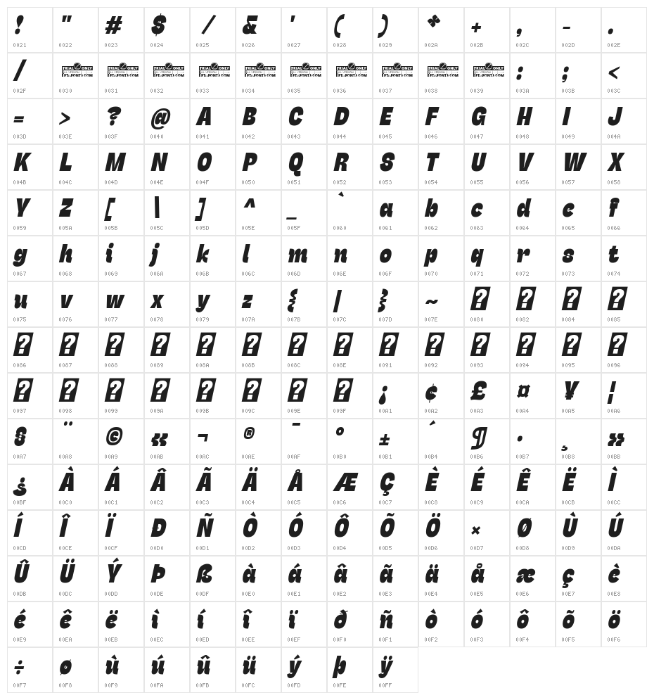 Stinger Slim Trial Heavy Italic Character Map