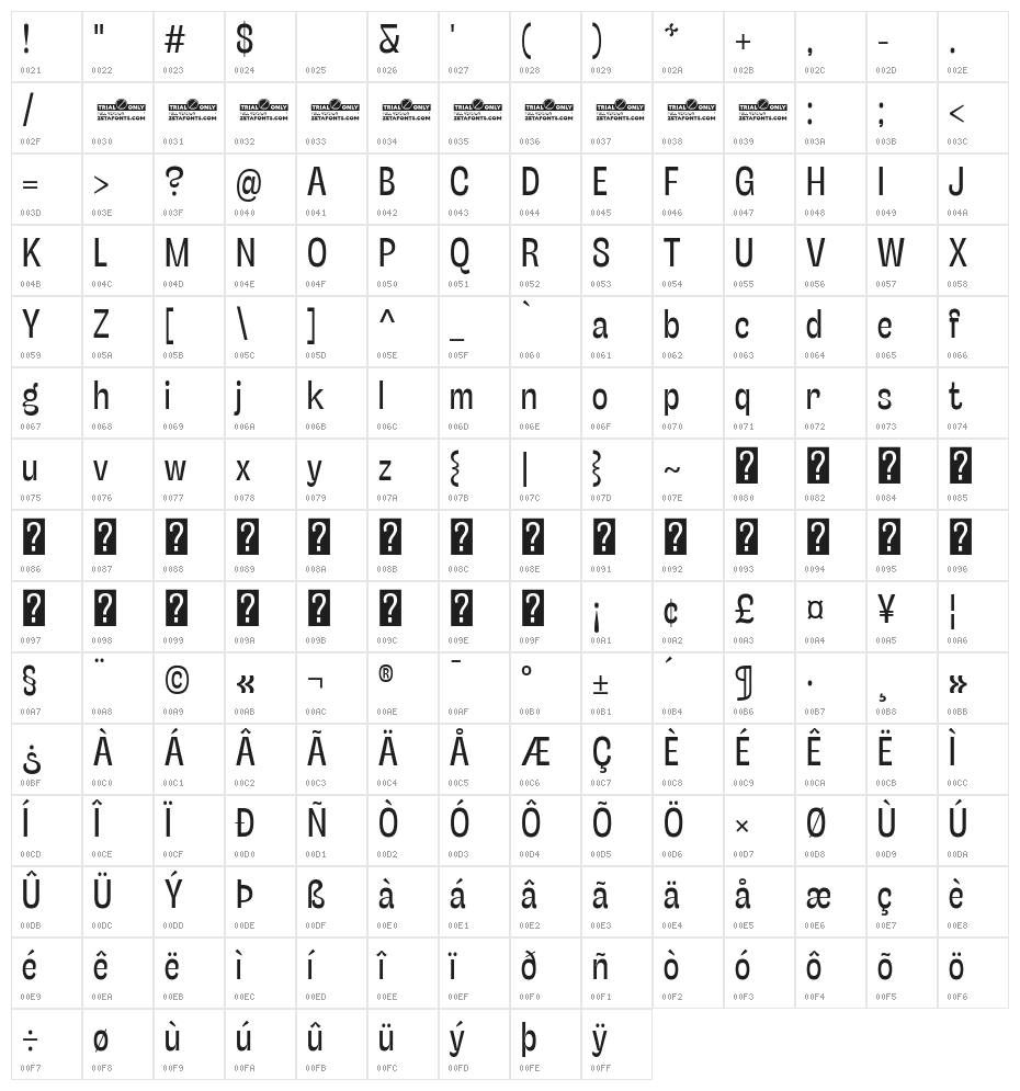 Stinger Slim Trial Regular Character Map