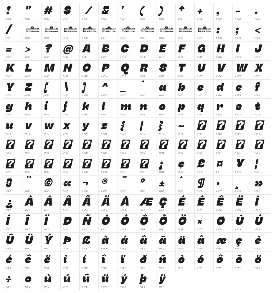Stinger Trial Heavy Italic Character Map