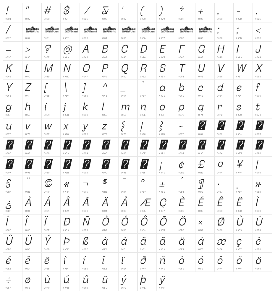 Stinger Trial Light Italic Character Map
