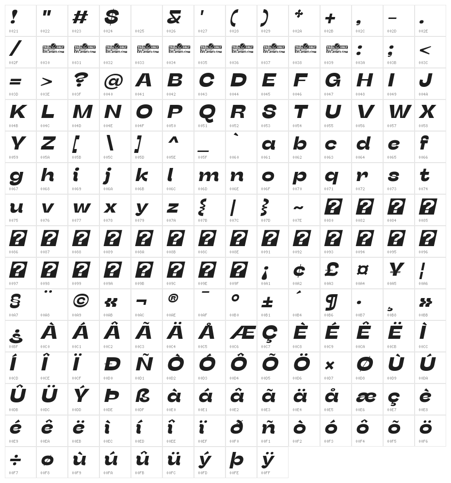 Stinger Wide Trial Bold Italic Character Map