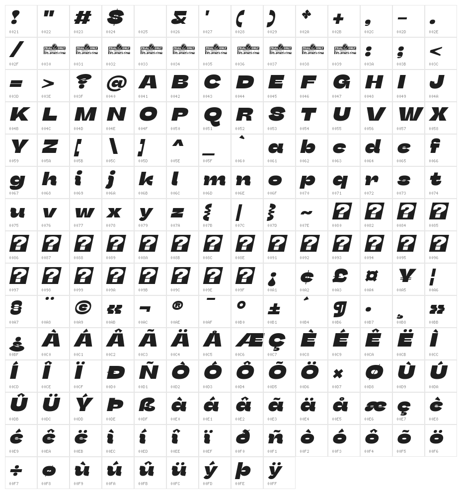 Stinger Wide Trial Heavy Italic Character Map