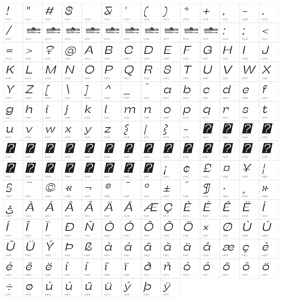 Stinger Wide Trial Light Italic Character Map