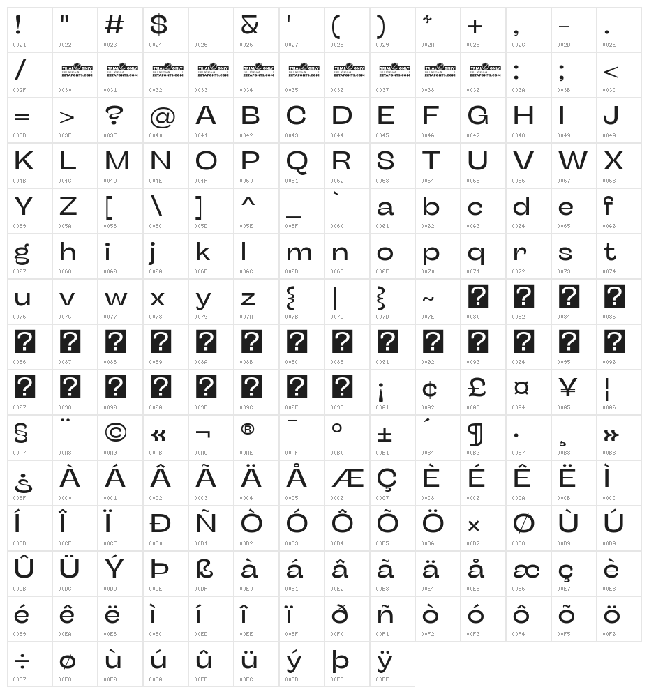 Stinger Wide Trial Regular Character Map