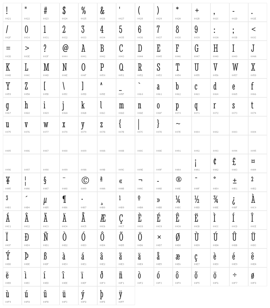 Stint Ultra Condensed Character Map