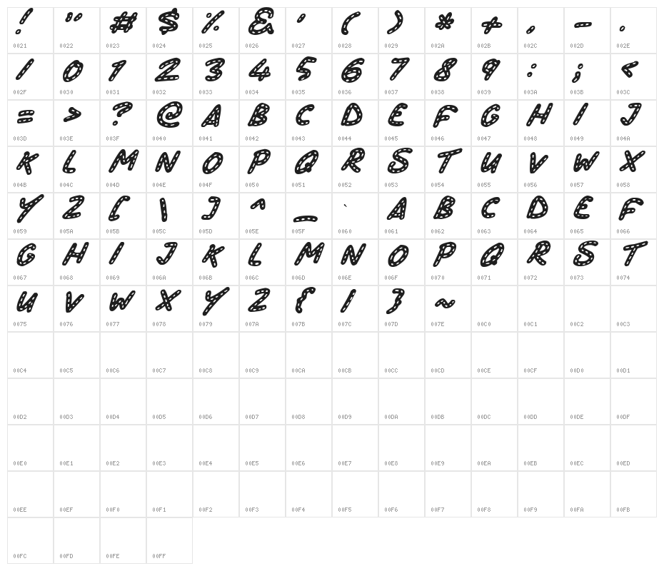 Stitchy Missy Italic Character Map