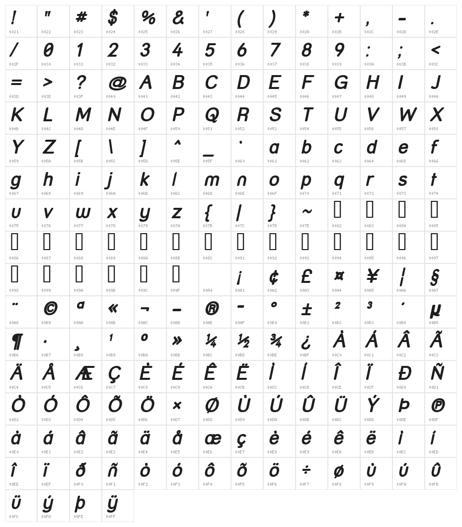 Street Bold Italic Character Map