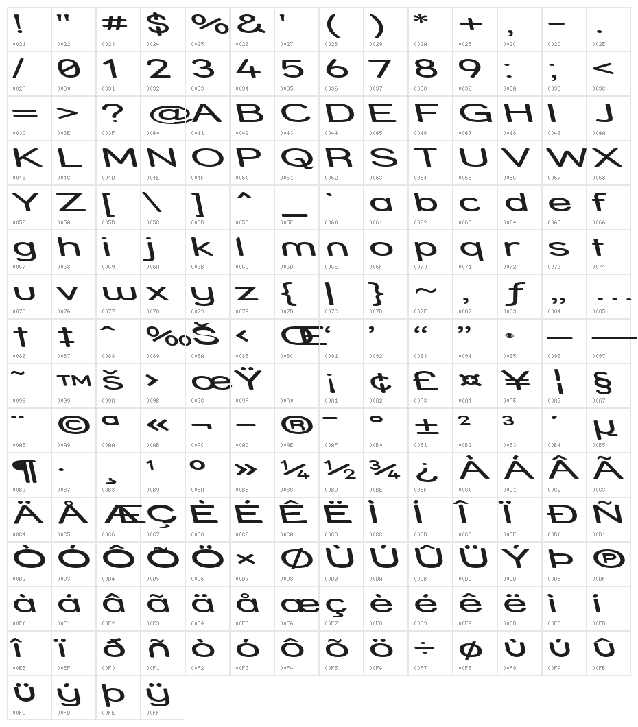 Street - Expanded Reverse Italic Character Map