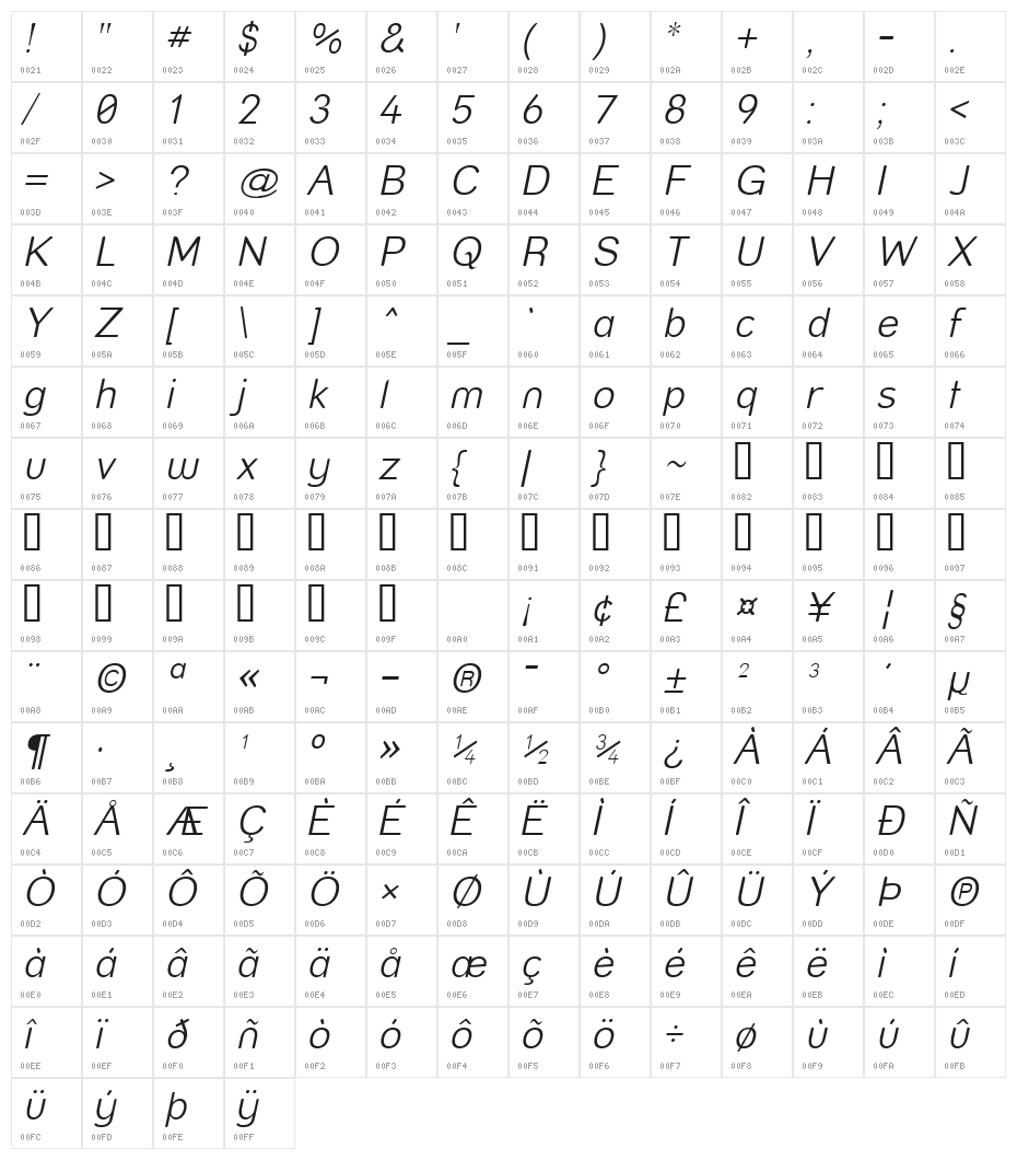 Street  Light Italic Character Map