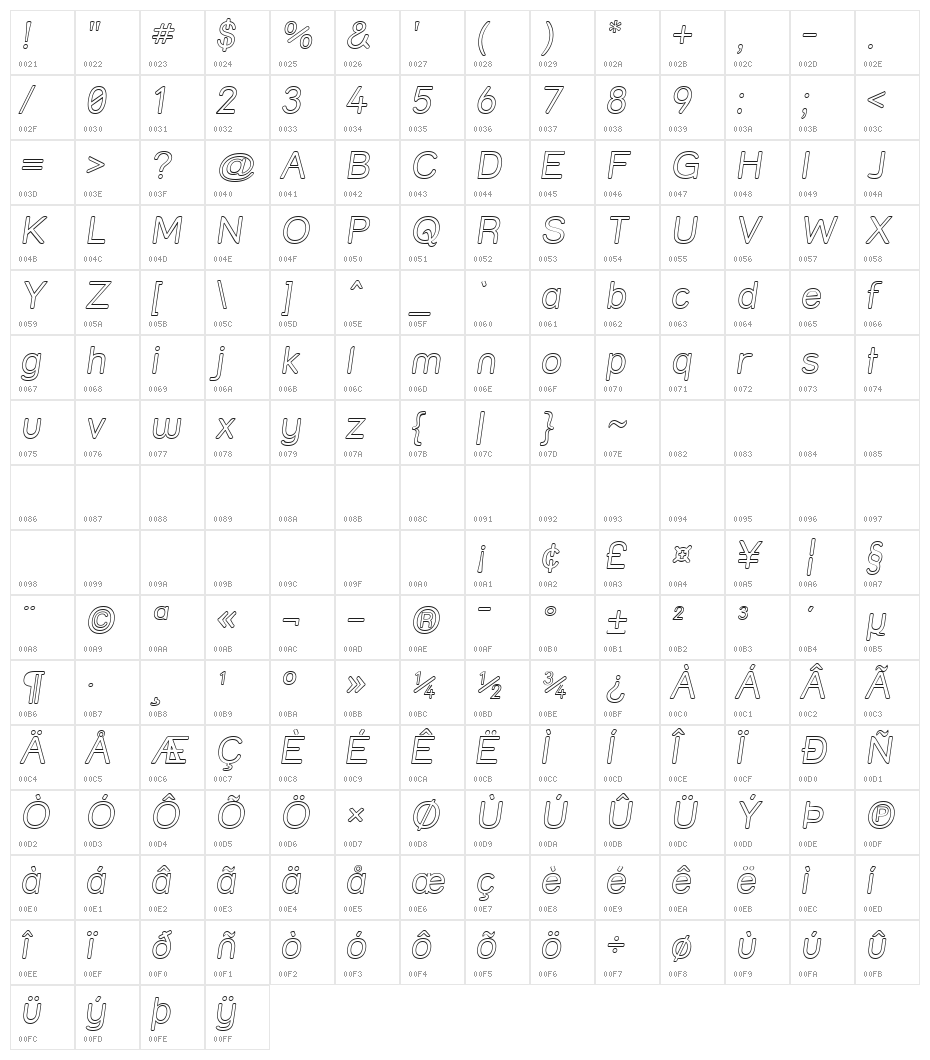 Street Outline Italic Character Map