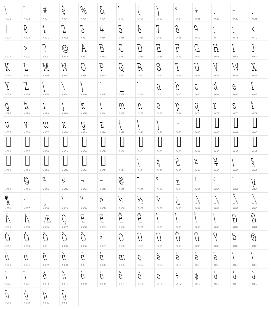 Street Slab Fine NarrowRev Character Map