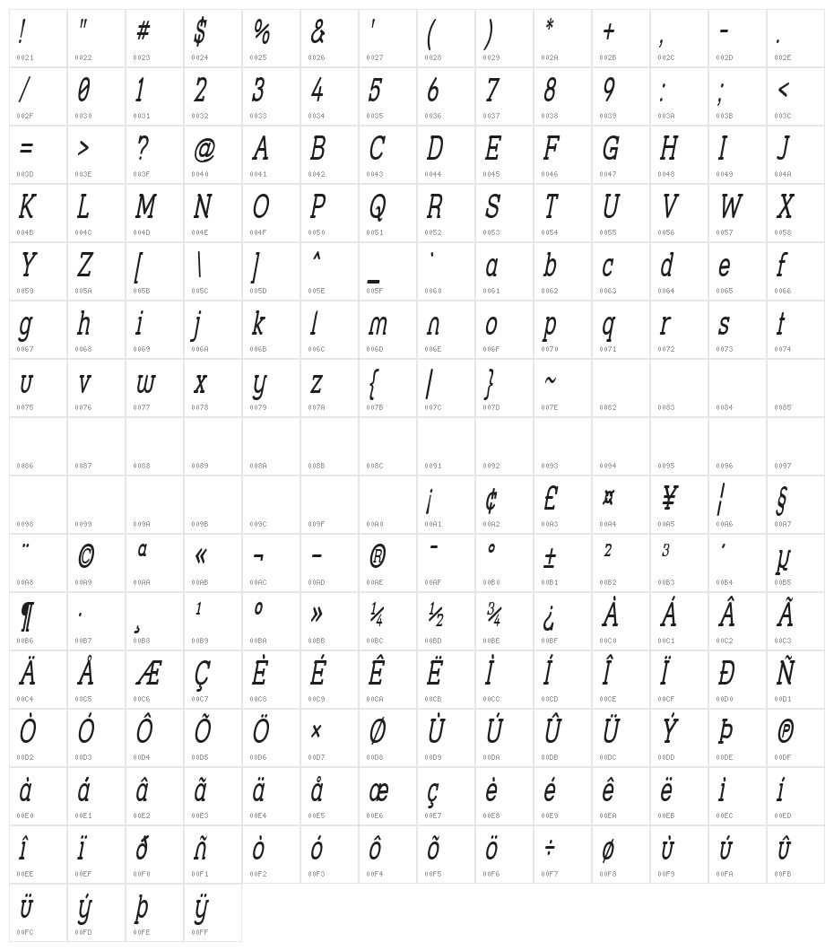 Street Slab - Super Narrow Italic Character Map