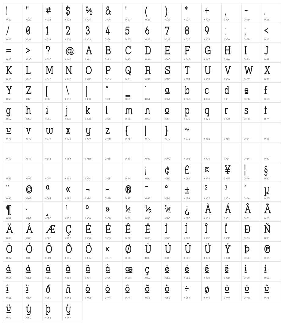 Street Slab Upper - Narrow Character Map
