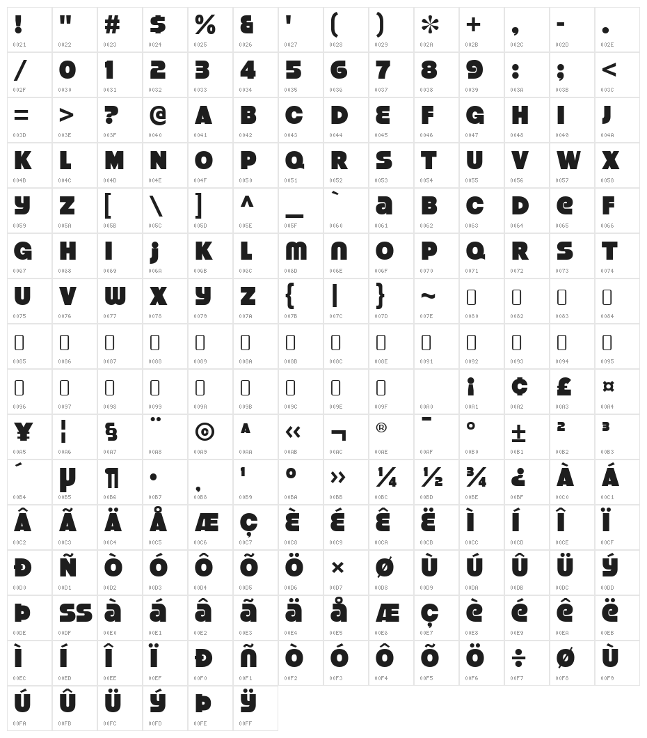 StrenuousBl-Regular Character Map
