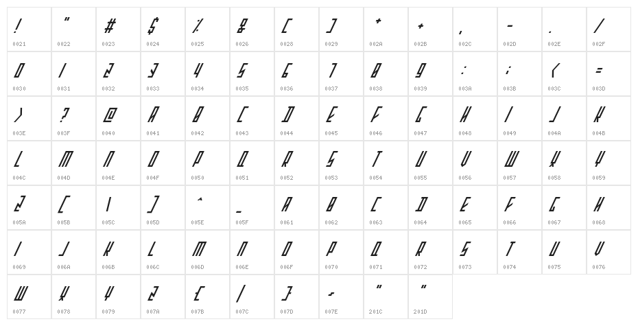 Stretched Electrons Italic Character Map